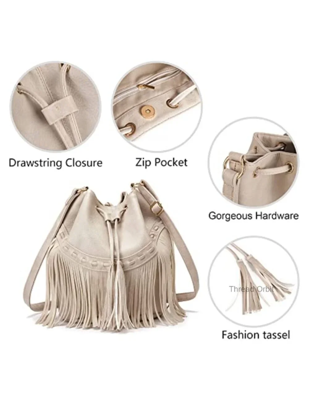 Faux Leather Bucket Bag Crossbody Fringe Purse with Drawstring Tassel Hobo